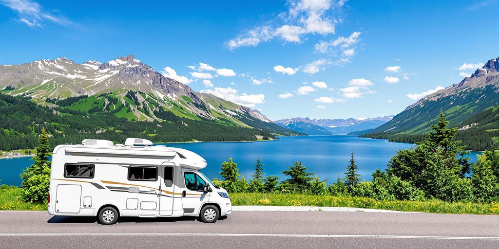 Modern motorhome near a lake with mountains in background.