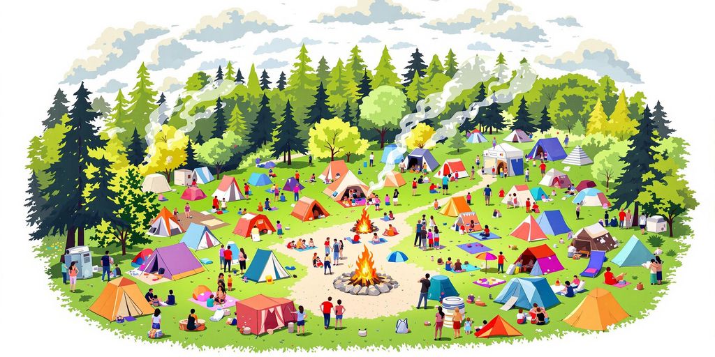 Colorful tents and campfire in a lush outdoor setting.