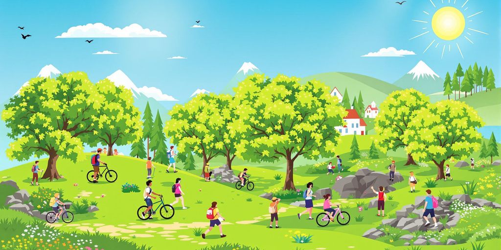 People enjoying outdoor activities in a sunny landscape.