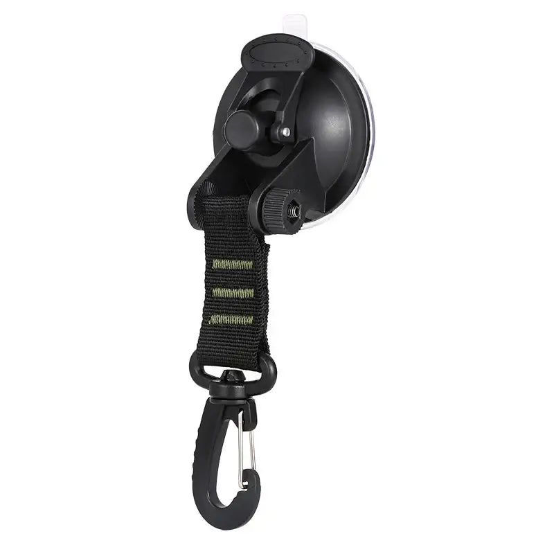 Suction cup mount with a hanging strap and hook attachment.