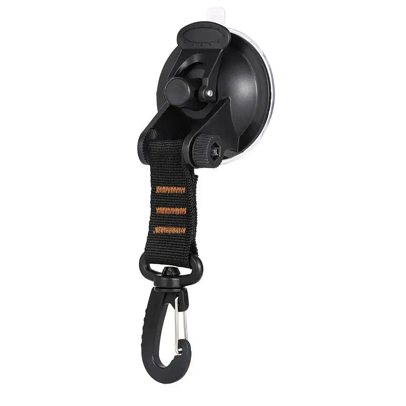 Suction cup mount with a hanging strap and carabiner hook.