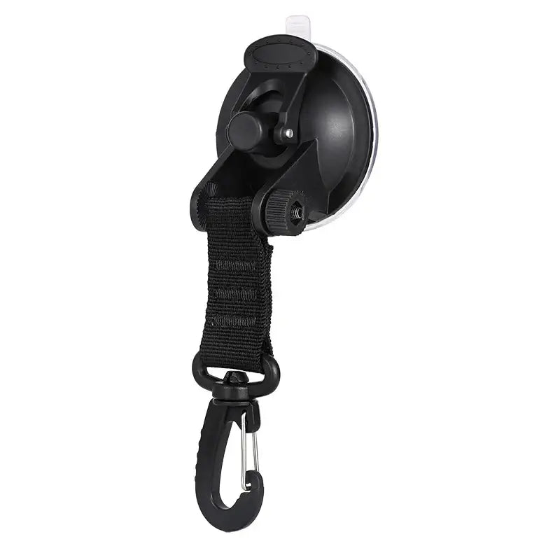 Suction cup mount with adjustable strap and hook attachment.