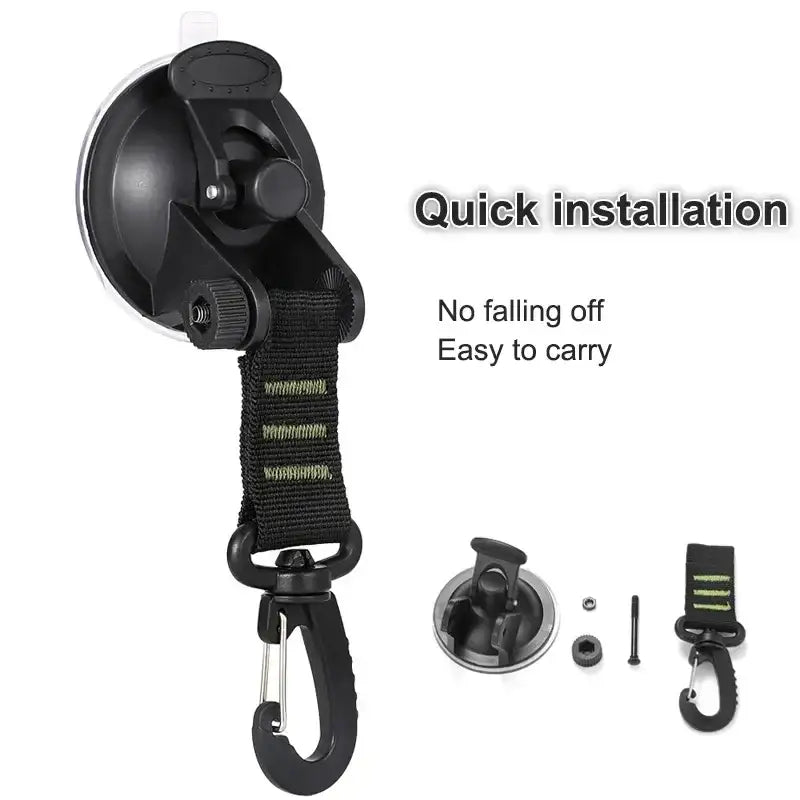 Suction cup mount with an adjustable strap and hook for quick installation.