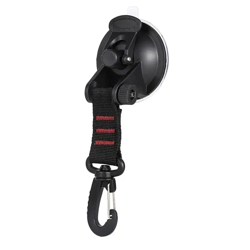 Suction cup mount with a hanging strap and hook attachment.