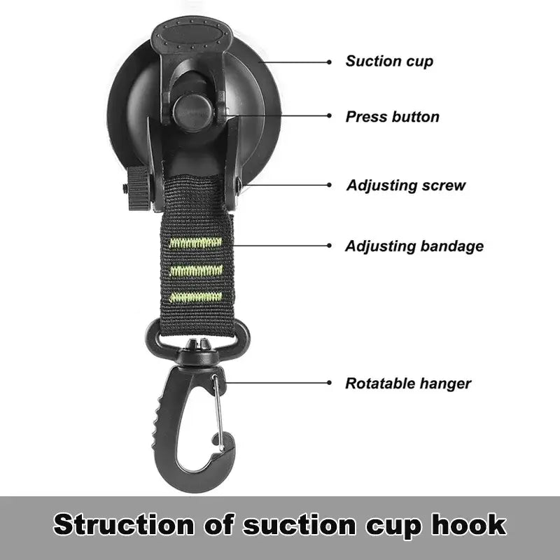 Suction cup hook with adjustable strap and rotating hanger attachment.