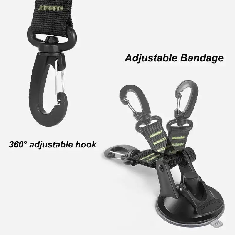 Adjustable hook and bandage system with multiple attachment points and a suction cup base.