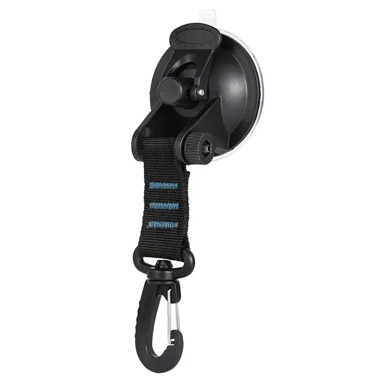 Suction cup mount with a black strap and hook attachment.