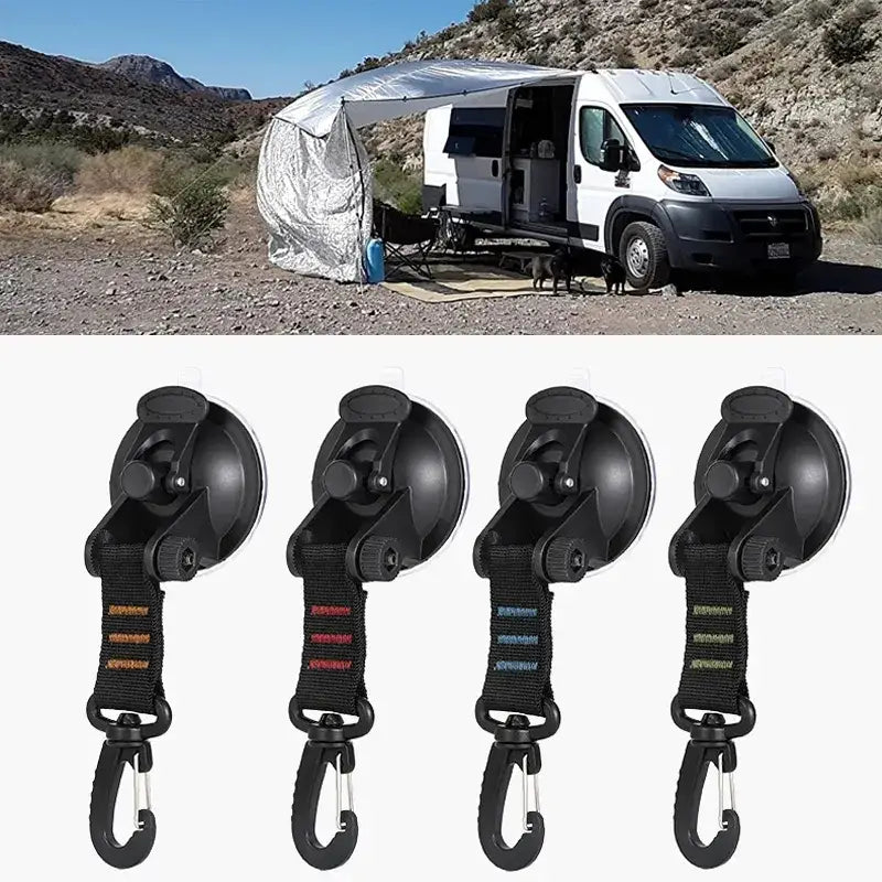 Suction cup hooks with adjustable straps and carabiners in different colors.