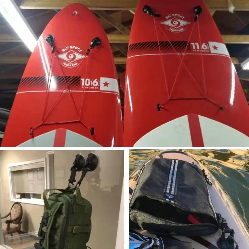 Red paddleboards with eye logos and numerical markings.