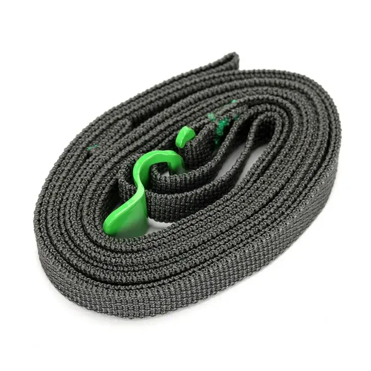 Coiled black nylon strap with green hook attachment.