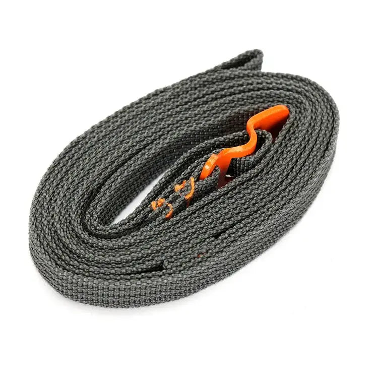 Gray nylon webbing strap with an orange plastic buckle.