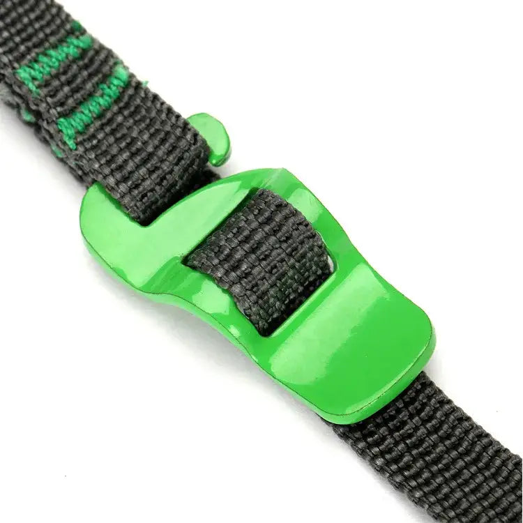 Green plastic buckle attached to a black nylon strap with green stitching.