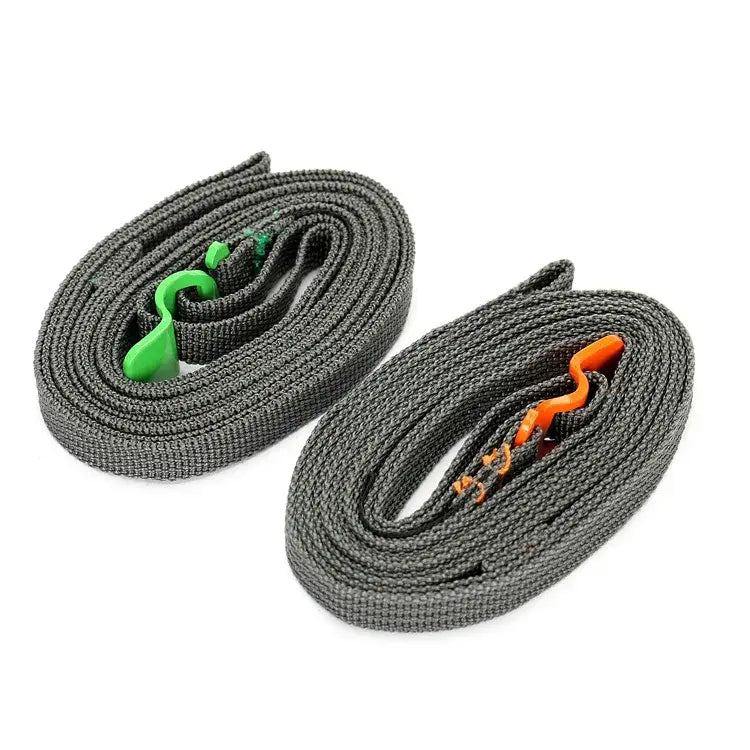 Two coiled gray straps with green and orange ends.