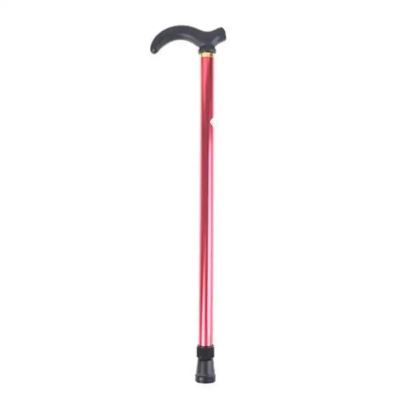 Walking cane with a red shaft and curved black handle.