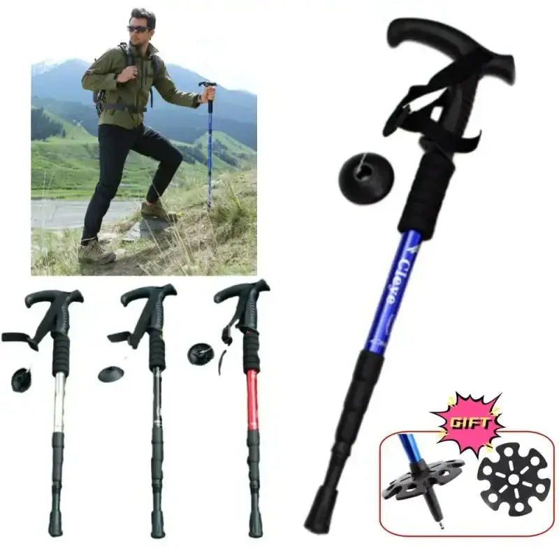 Adjustable trekking pole with various color options and attachments.