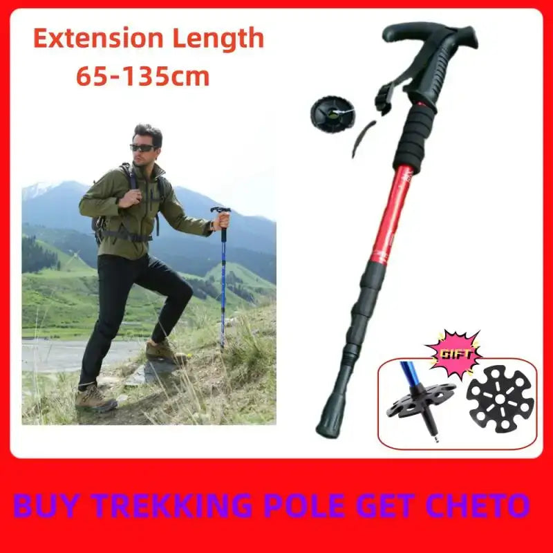 Adjustable trekking pole with red and black sections and ergonomic handle.