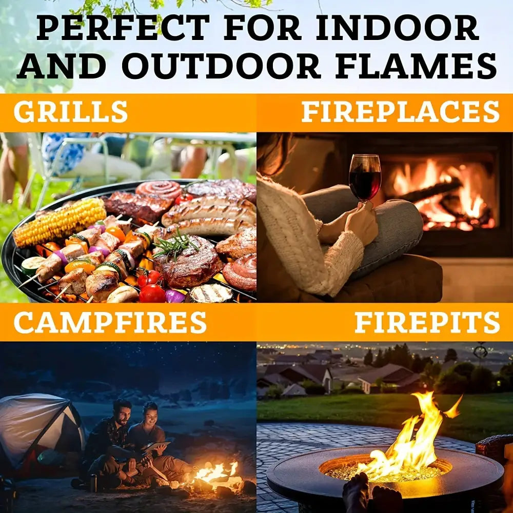 Advertisement for flame-related products suitable for various indoor and outdoor settings.