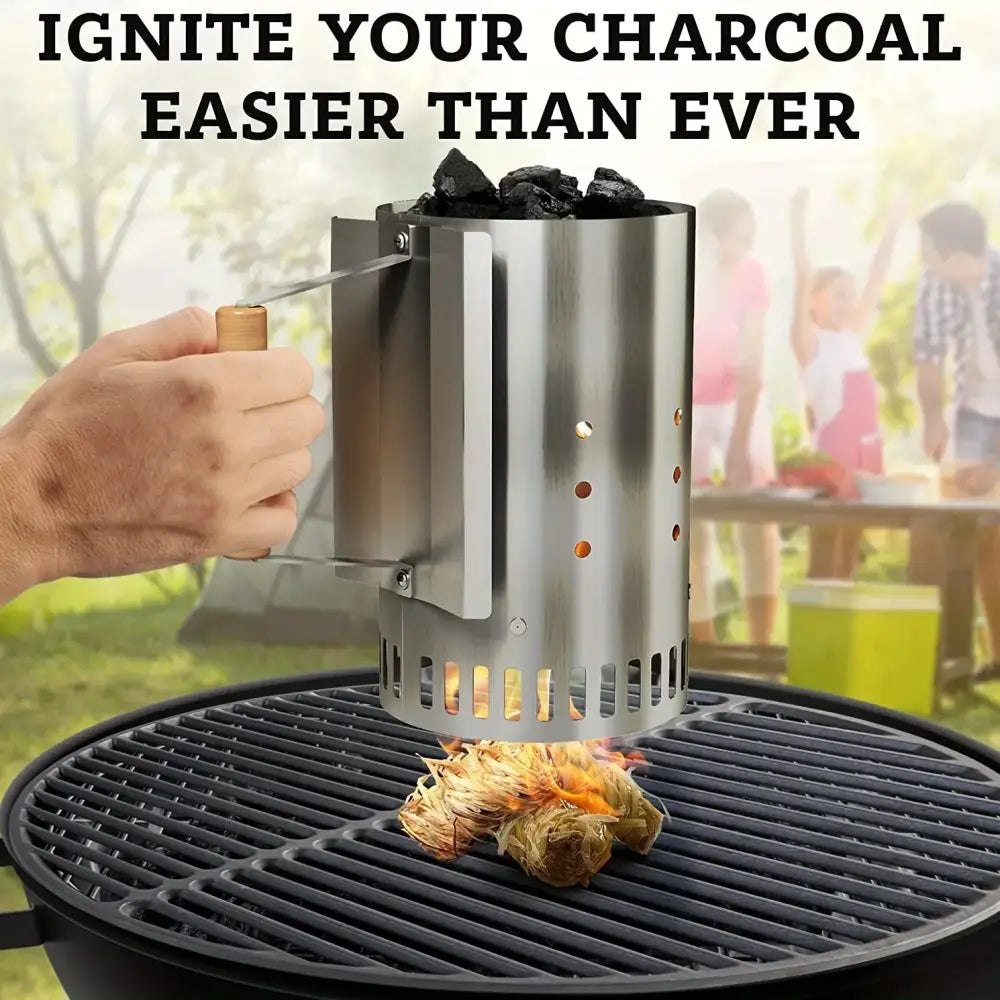 Charcoal chimney starter positioned over a grill grate with food cooking below.