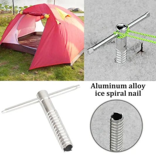 Aluminum alloy ice spiral nail for securing tents or outdoor equipment.