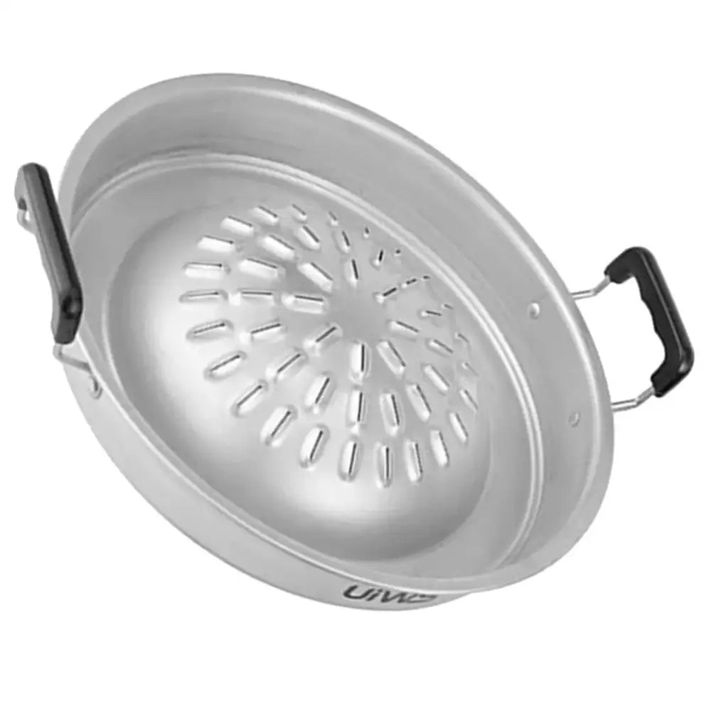 Metal colander with handles and perforated bottom for straining.