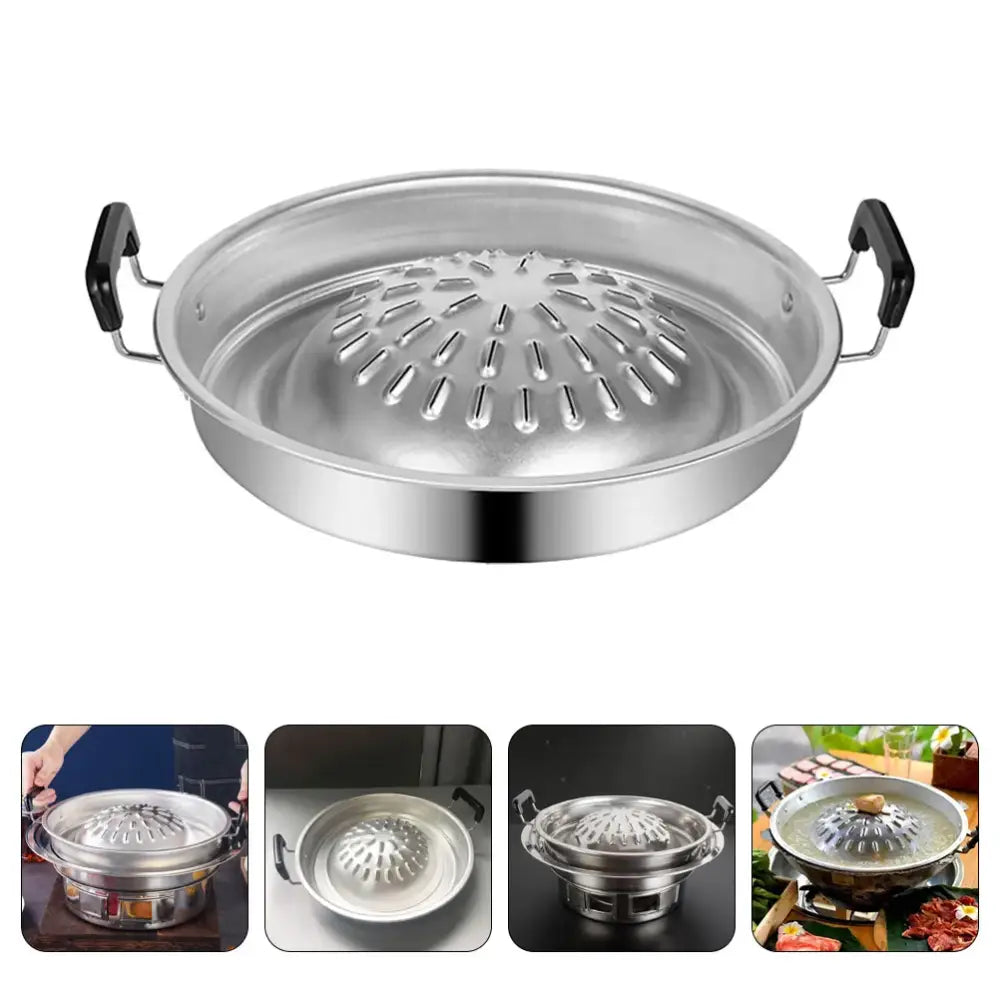 Round stainless steel grill pan with perforated dome lid and side handles.