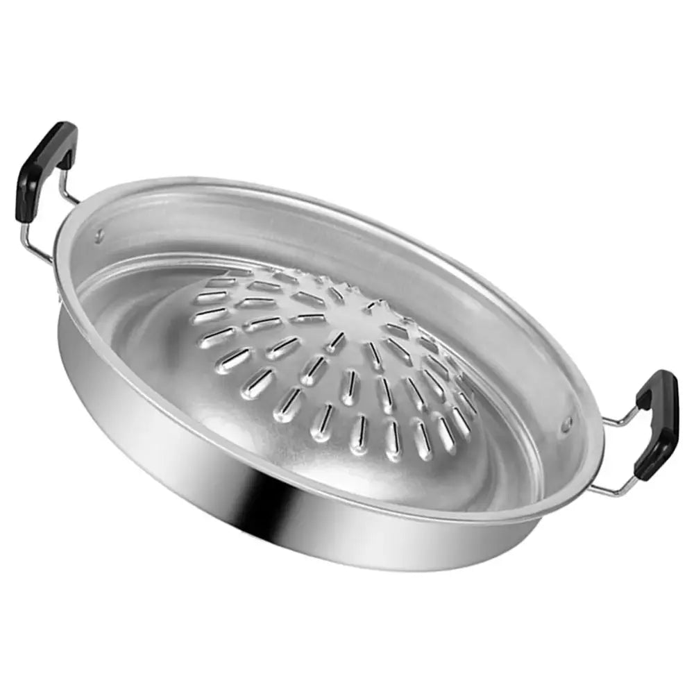 Stainless steel steamer basket with handles and perforated bottom.