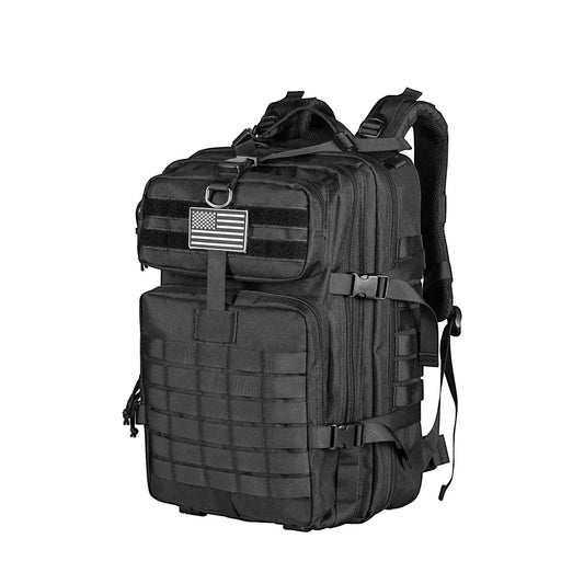 Tactical military-style backpack with MOLLE webbing and an American flag patch.