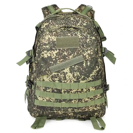 Military-style backpack with digital camouflage pattern and tactical straps.