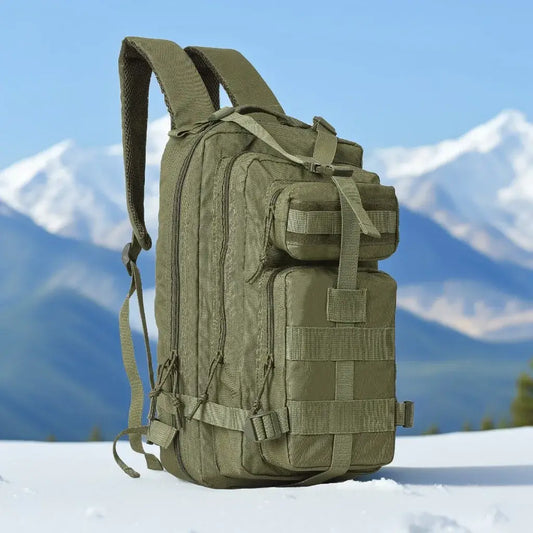 Military-style tactical backpack in olive green color.