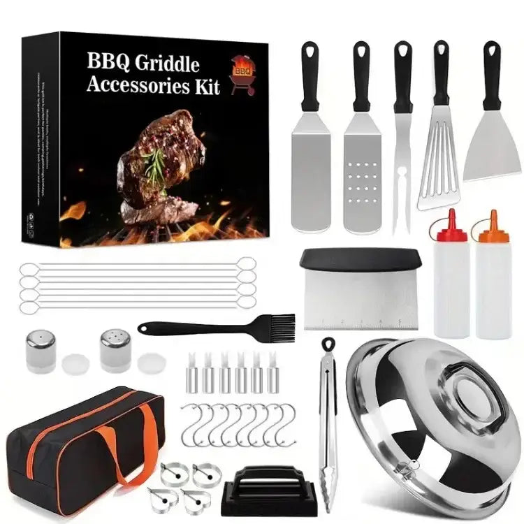 BBQ griddle accessories kit containing various cooking utensils and tools.