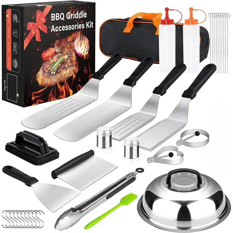 BBQ griddle accessories kit containing various cooking utensils and tools.