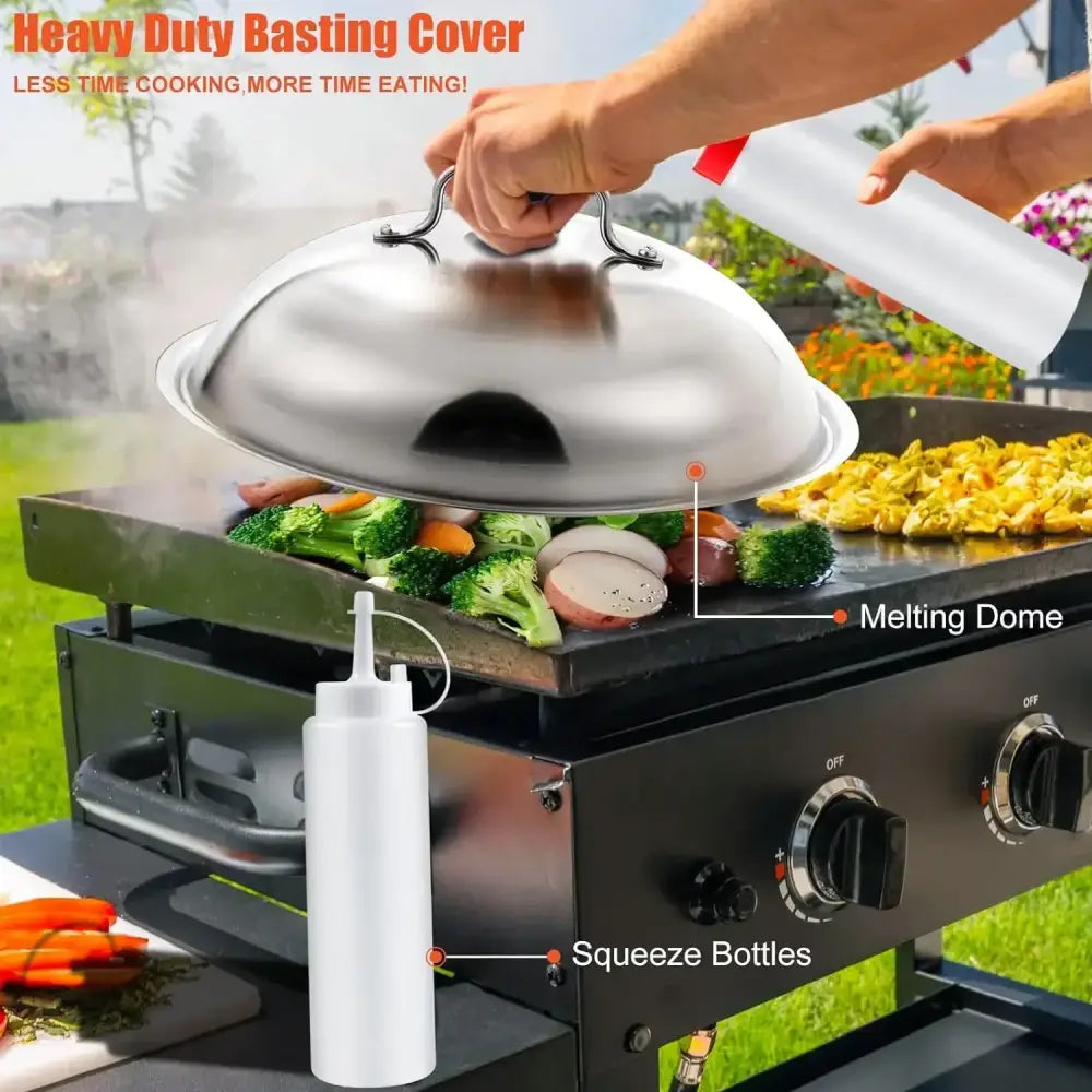 Heavy duty basting cover for a cooking surface with a melting dome and squeeze bottles.