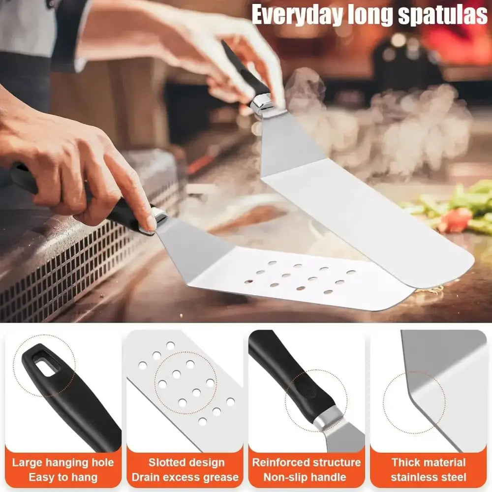 Long-handled stainless steel spatula with perforated design and black handle.