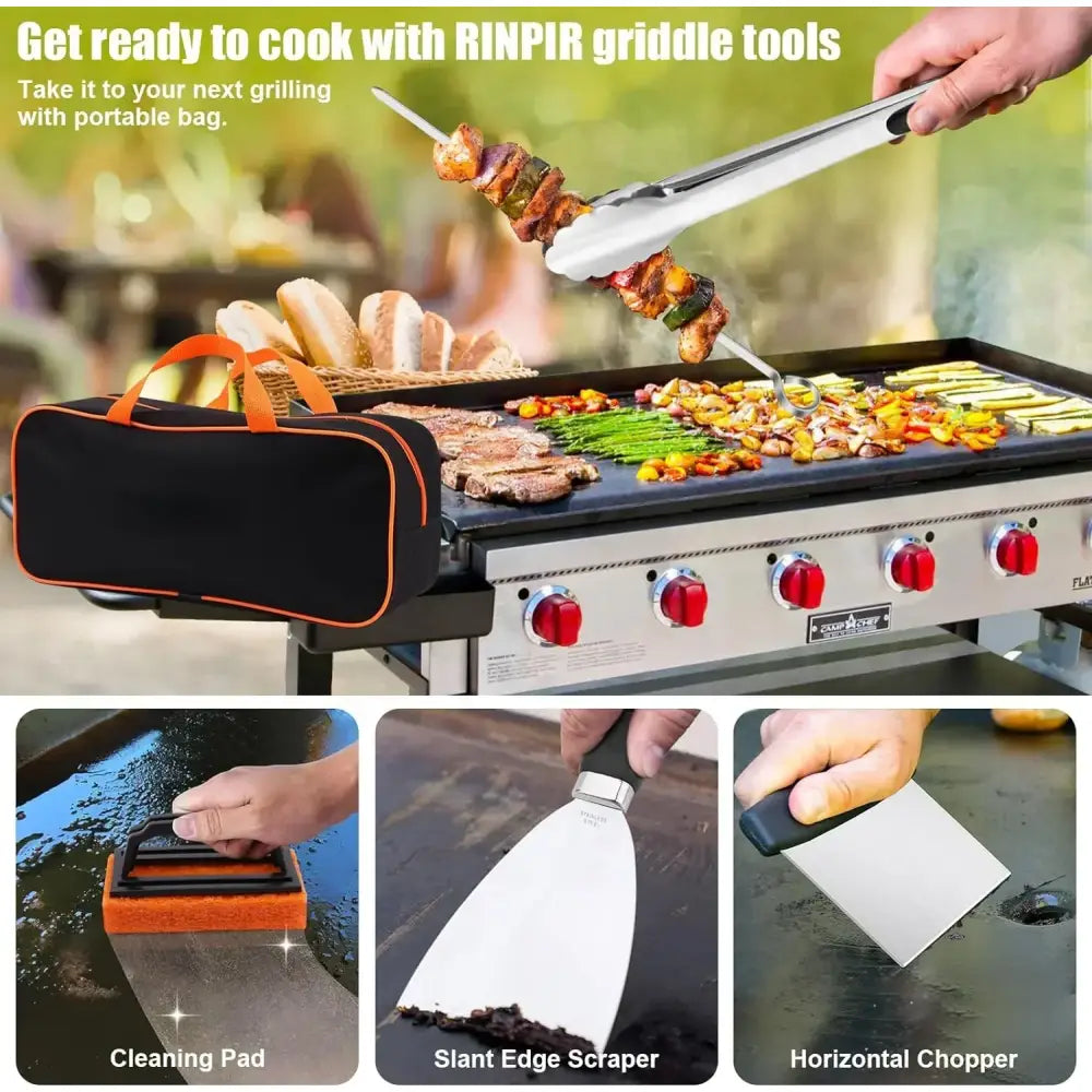 Portable outdoor griddle with accompanying cleaning tools and accessories.