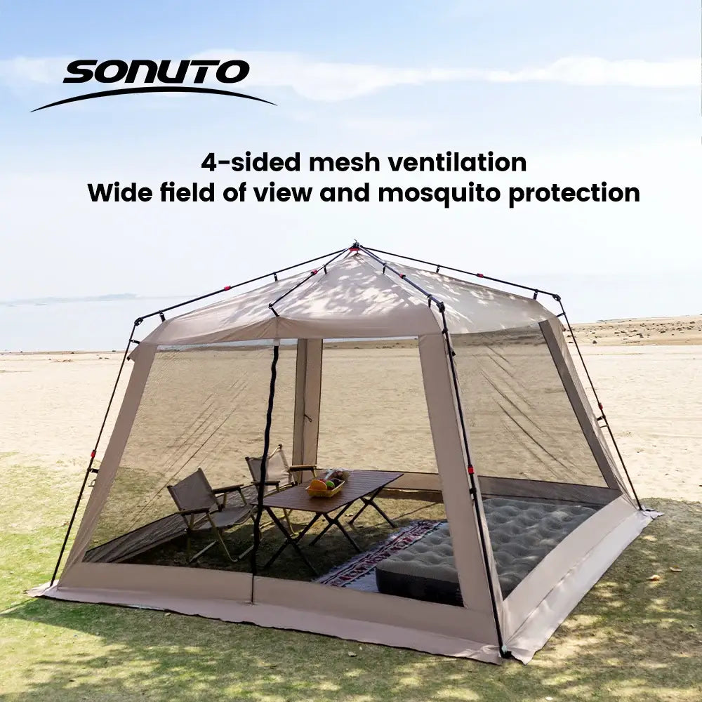 Outdoor mesh canopy tent with screened sides for ventilation and insect protection.