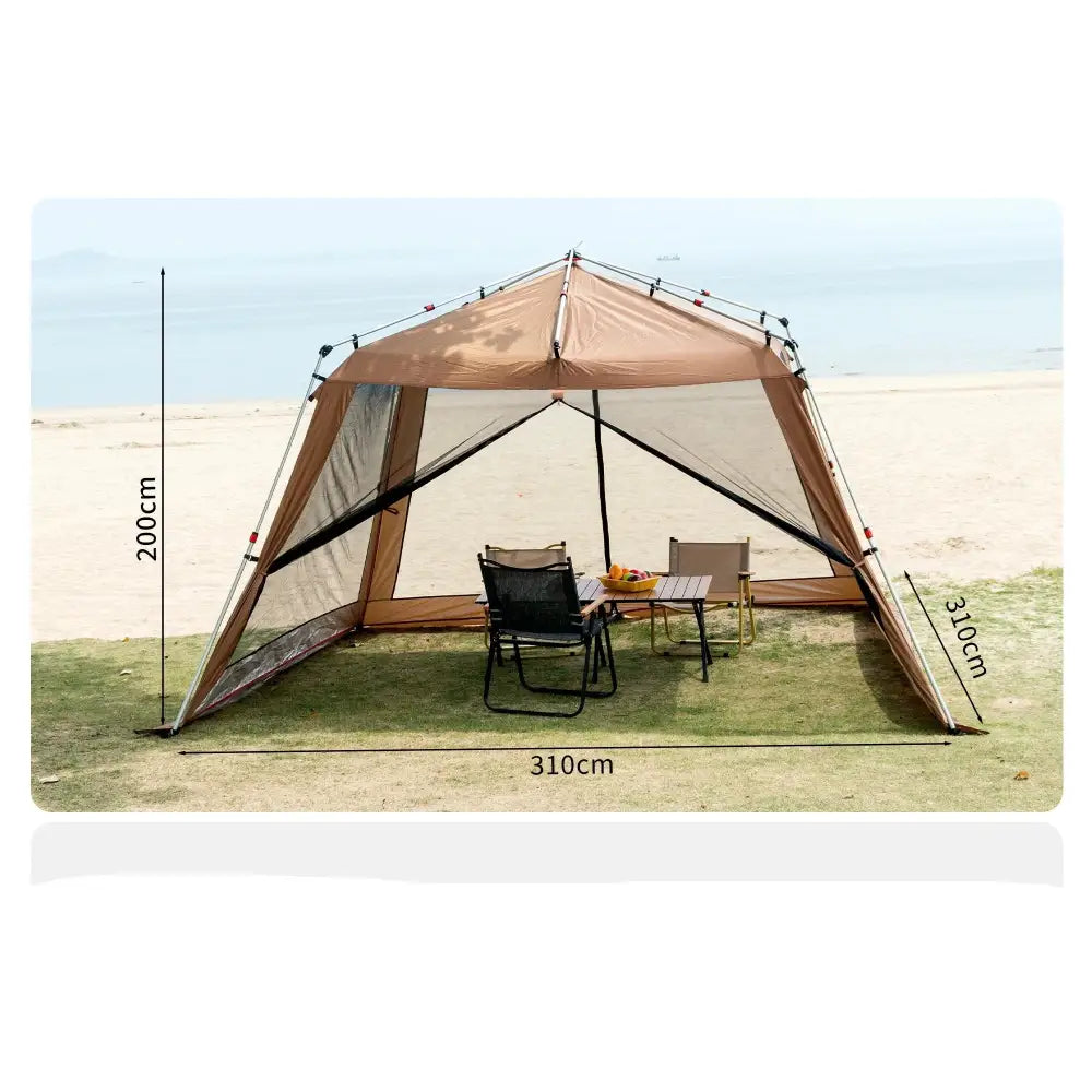 Outdoor canopy tent with mesh sides and folding chairs inside.