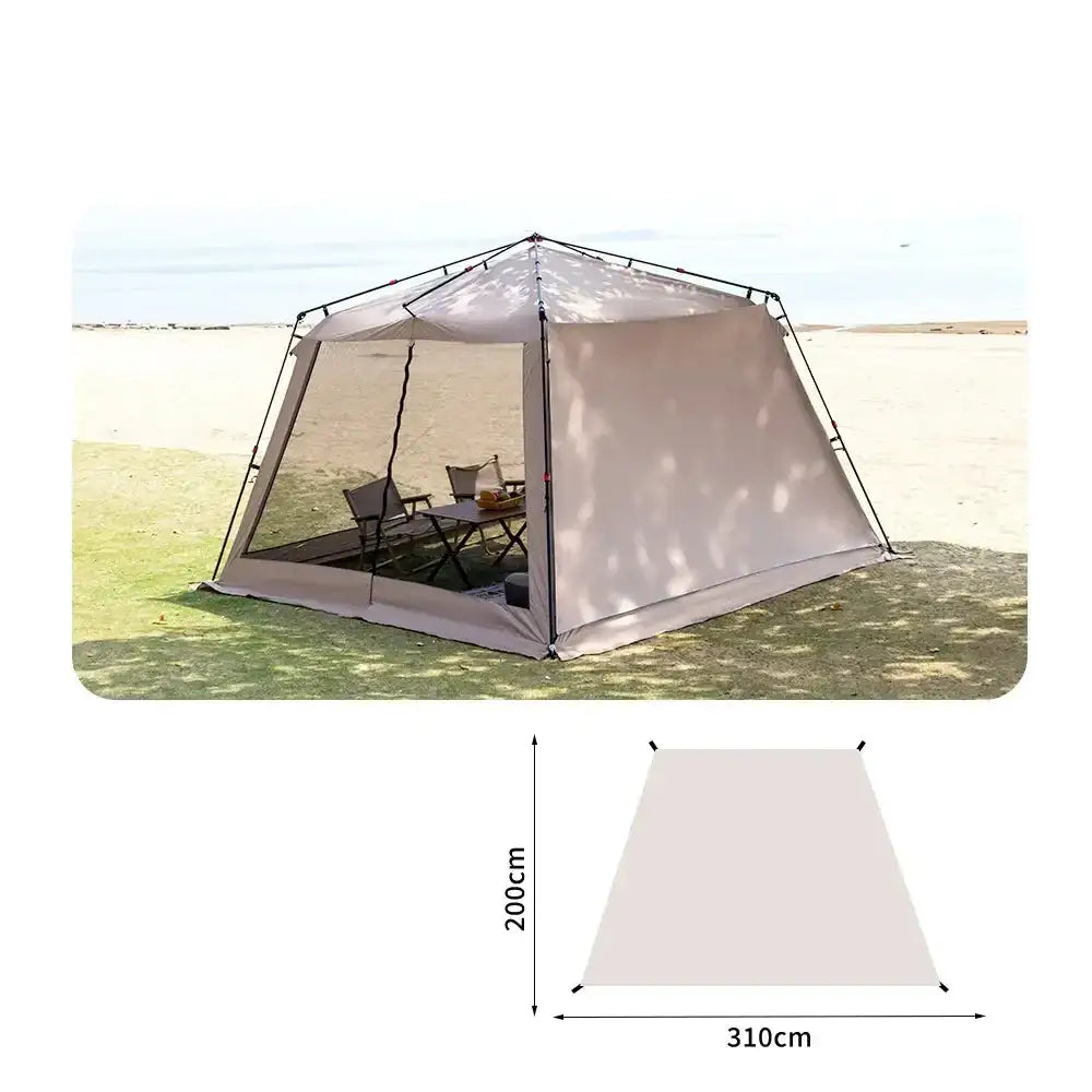 Outdoor canopy tent with mesh walls and furniture inside.