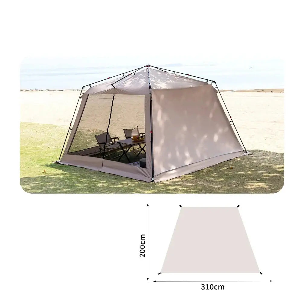 Outdoor screened canopy tent with chairs and table inside.