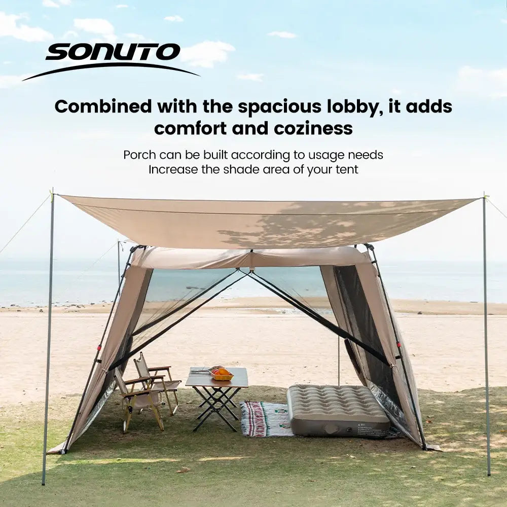 Outdoor canopy tent with a spacious shaded area for camping or beach use.