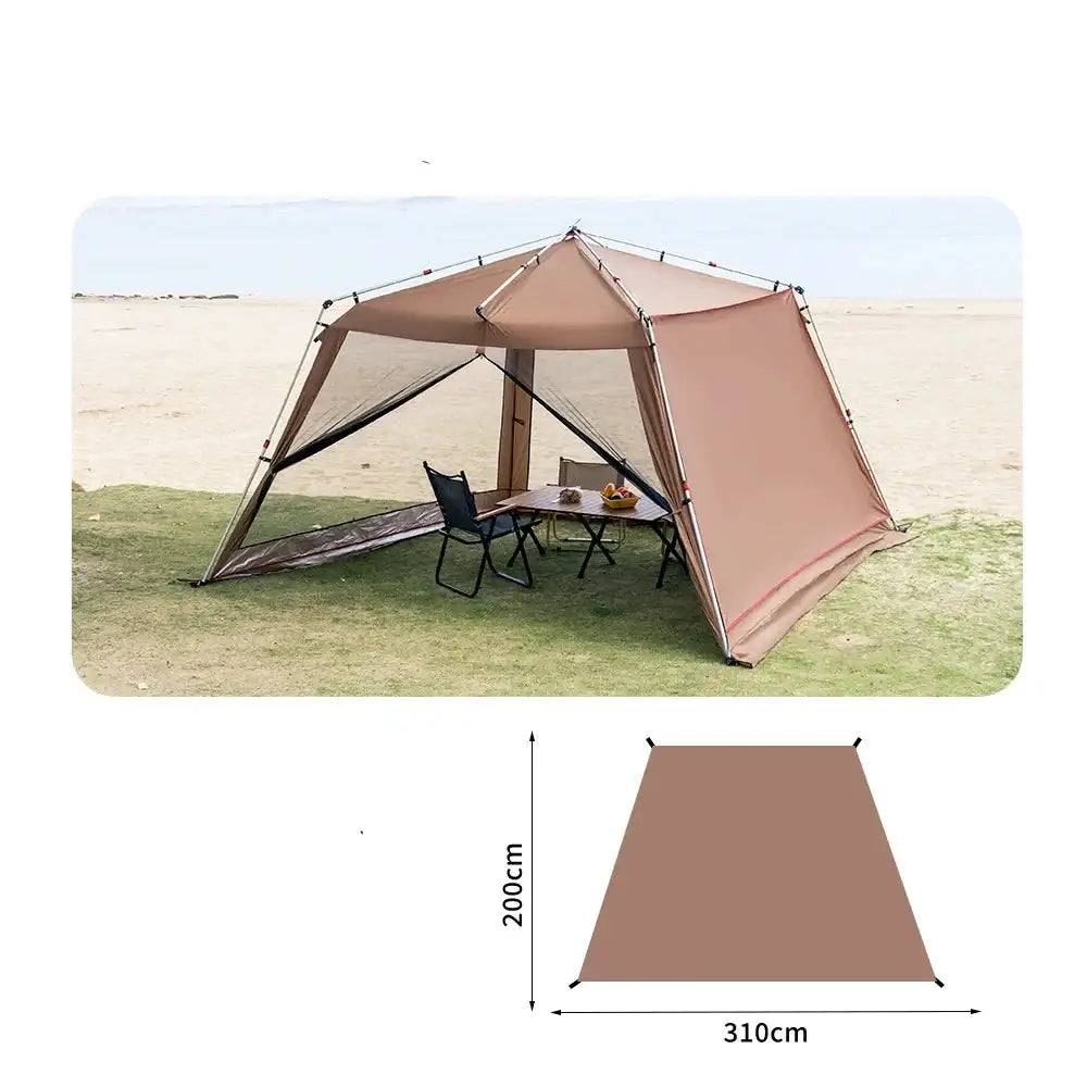 Portable outdoor canopy tent with dimensions shown.