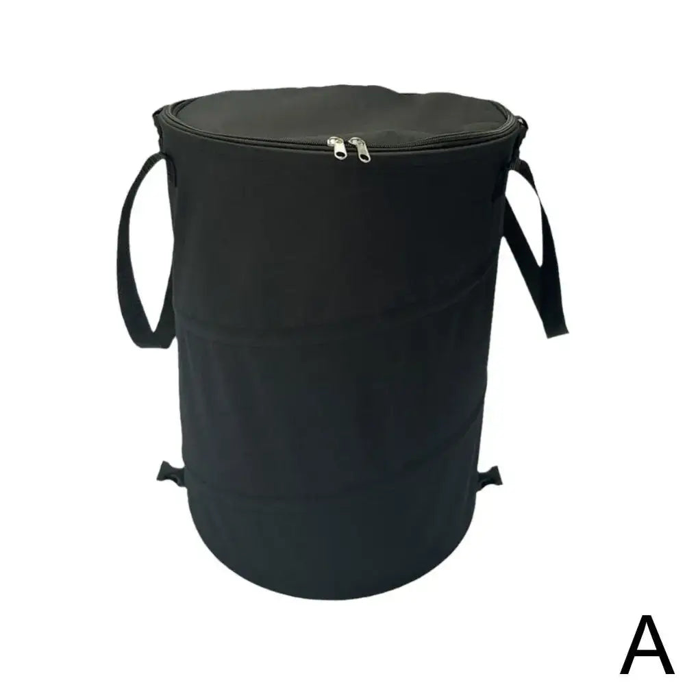 Black cylindrical insulated cooler bag with carrying straps and a zippered top.