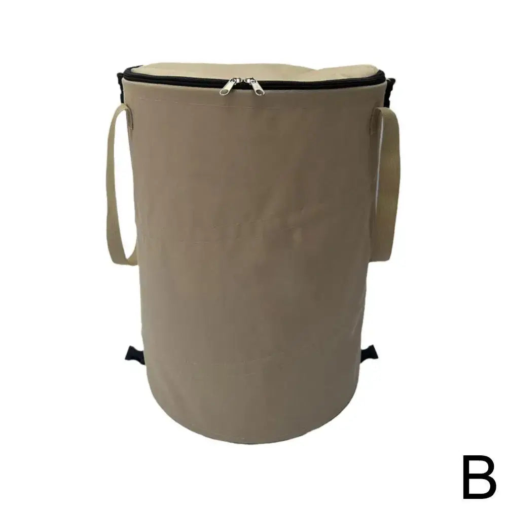 Cylindrical beige cooler bag with a zipper top and shoulder strap.