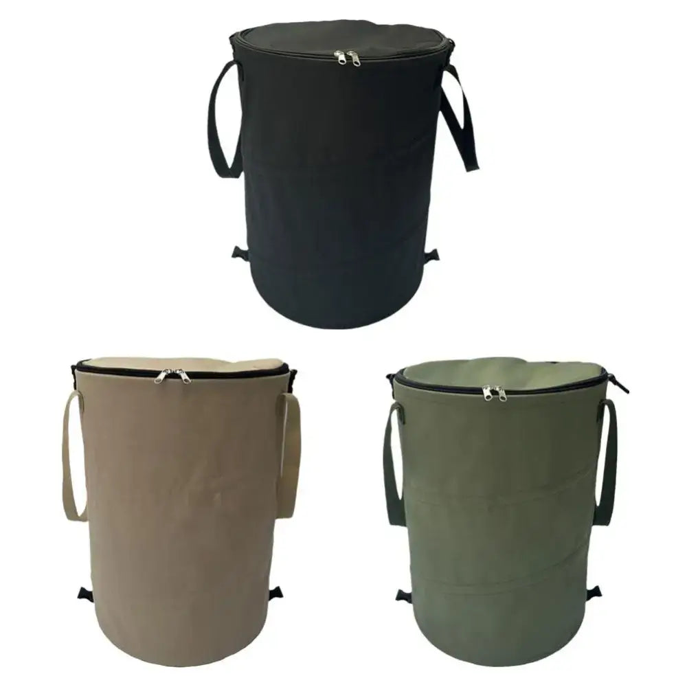 Cylindrical insulated cooler bags with zippered tops and carrying straps in black, tan, and olive green colors.