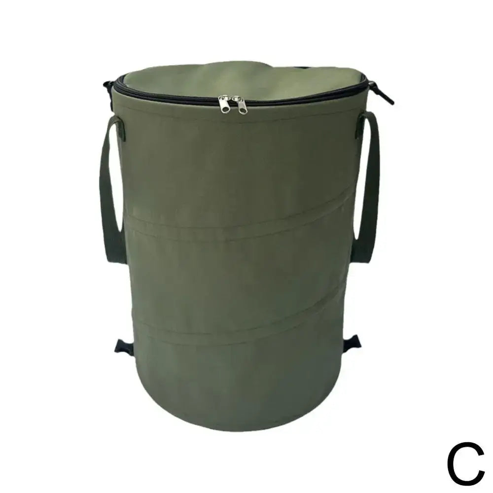 Cylindrical olive green container with a zippered top and carrying straps.