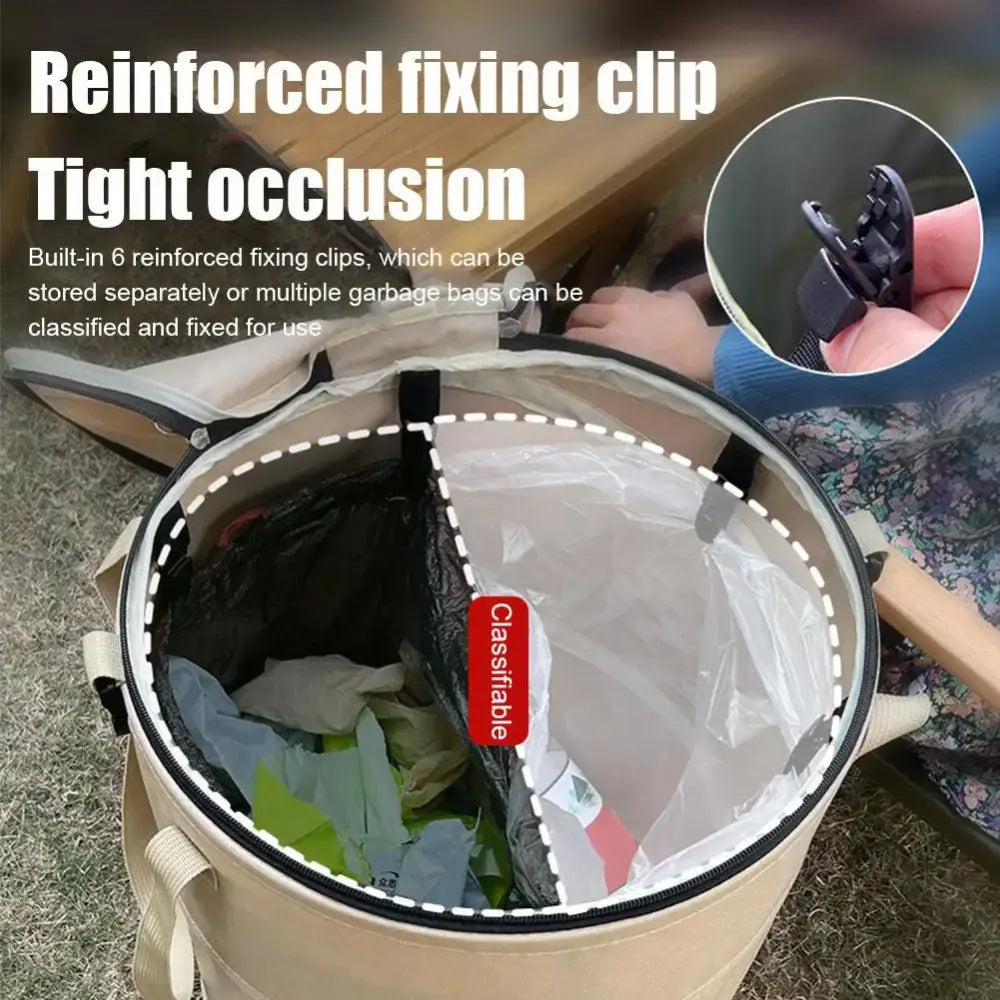 Trash can with a transparent lid and reinforced fixing clips for securing garbage bags.