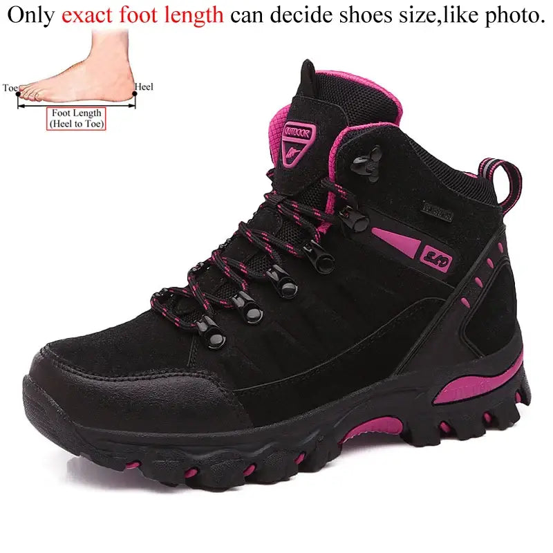 Black hiking boot with pink accents and a rugged sole.