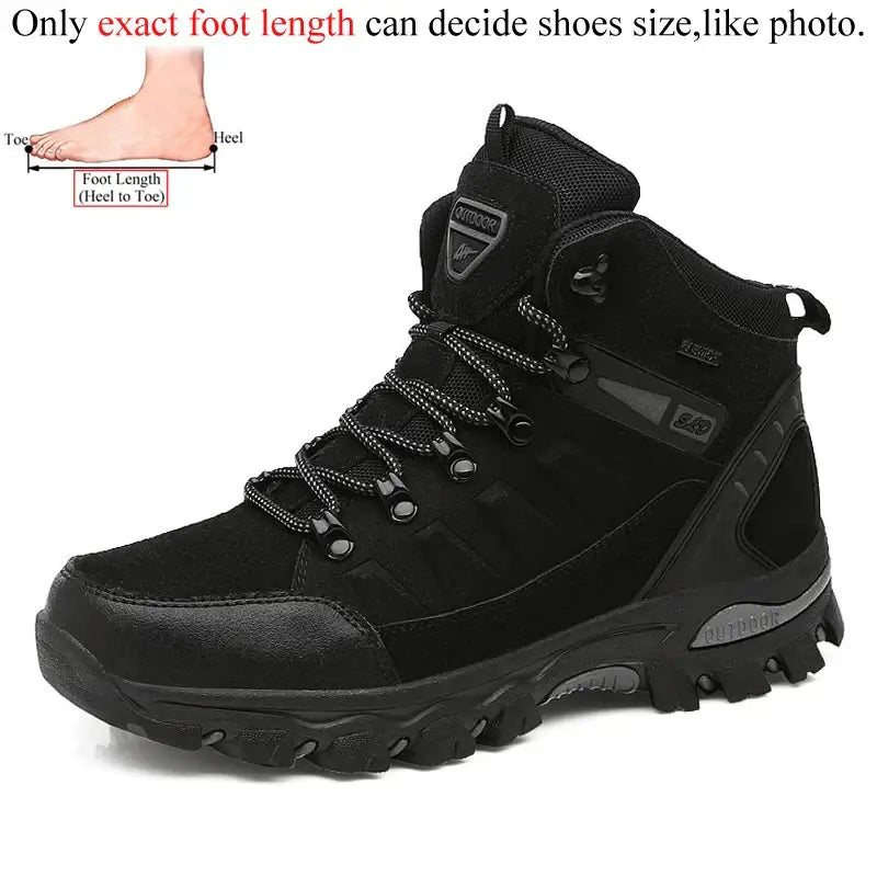 Black high-top hiking boot with rugged sole and lace-up design.