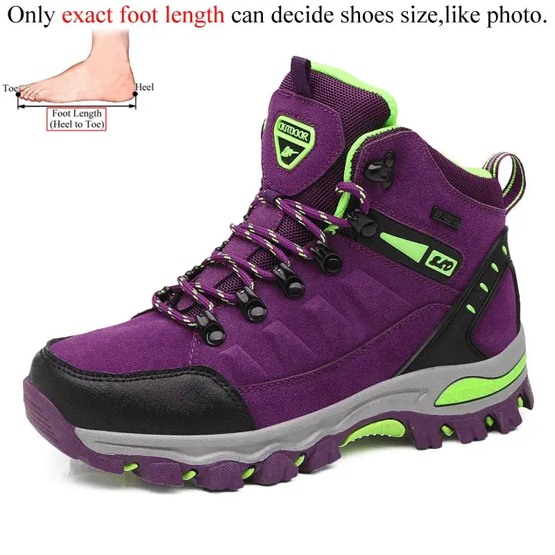 Purple and green hiking boot with a rugged sole and lace-up design.