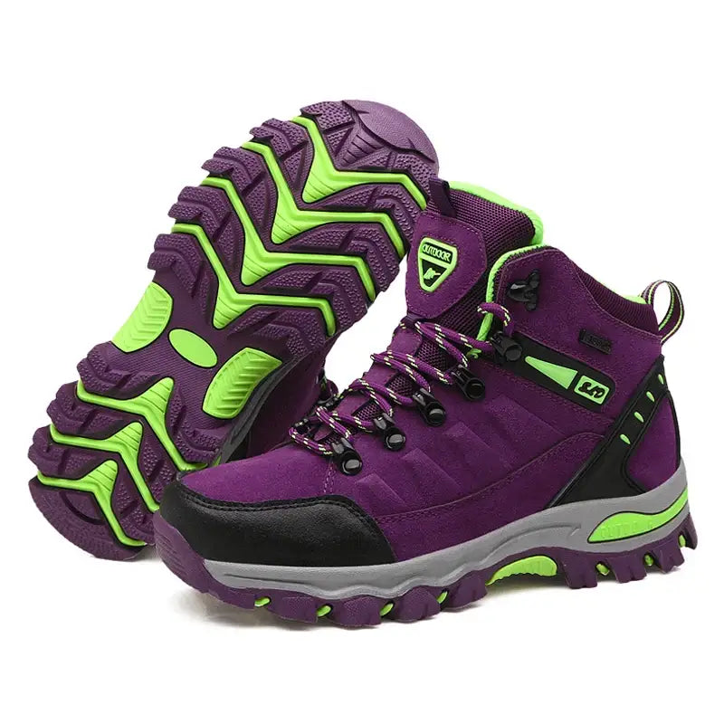 Purple and neon green hiking boots with rugged soles.