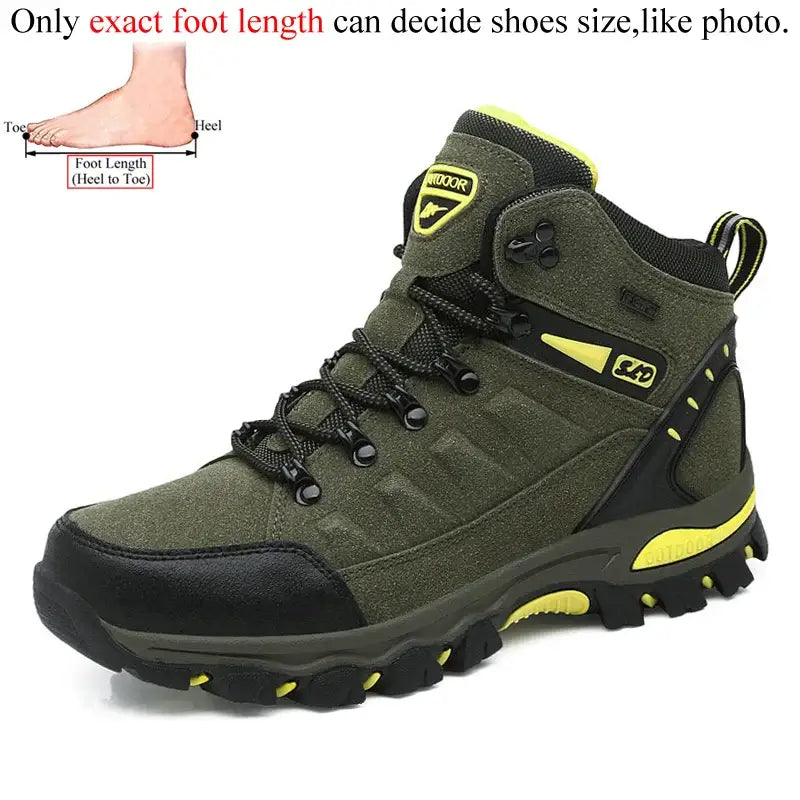 Rugged hiking boot in olive green with yellow accents and black trim.